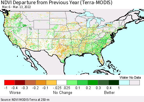 United States NDVI Departure from Previous Year (Terra-MODIS) Thematic Map For 3/6/2022 - 3/13/2022