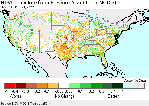 United States NDVI Departure from Previous Year (Terra-MODIS) Thematic Map For 3/14/2022 - 3/21/2022