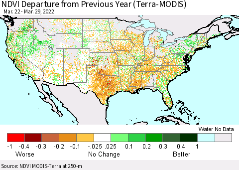 United States NDVI Departure from Previous Year (Terra-MODIS) Thematic Map For 3/22/2022 - 3/29/2022