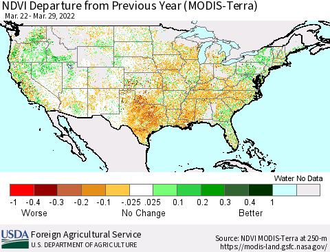 United States NDVI Departure from Previous Year (Terra-MODIS) Thematic Map For 3/21/2022 - 3/31/2022