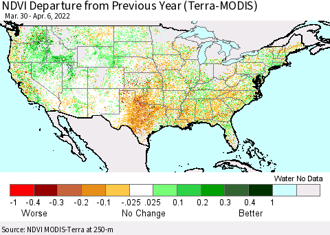 United States NDVI Departure from Previous Year (Terra-MODIS) Thematic Map For 3/30/2022 - 4/6/2022