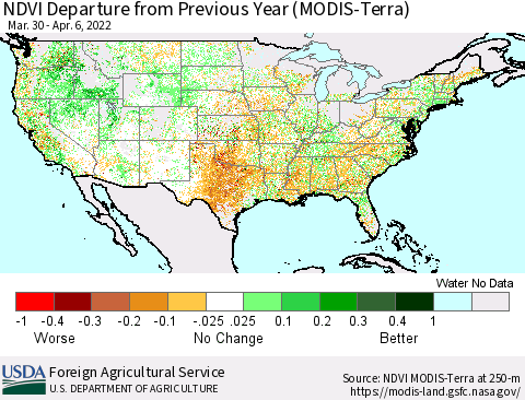 United States NDVI Departure from Previous Year (Terra-MODIS) Thematic Map For 4/1/2022 - 4/10/2022