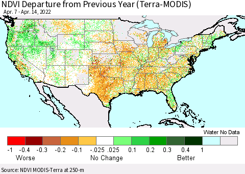 United States NDVI Departure from Previous Year (Terra-MODIS) Thematic Map For 4/7/2022 - 4/14/2022
