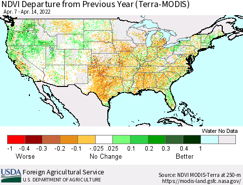 United States NDVI Departure from Previous Year (Terra-MODIS) Thematic Map For 4/11/2022 - 4/20/2022