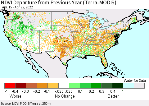 United States NDVI Departure from Previous Year (Terra-MODIS) Thematic Map For 4/15/2022 - 4/22/2022