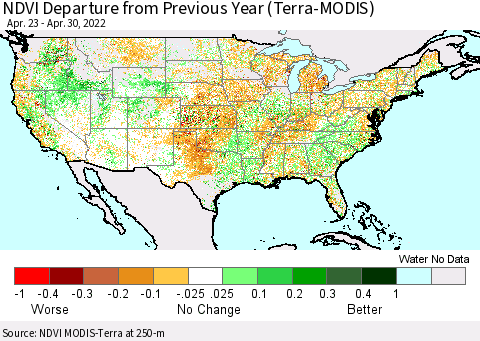 United States NDVI Departure from Previous Year (Terra-MODIS) Thematic Map For 4/23/2022 - 4/30/2022