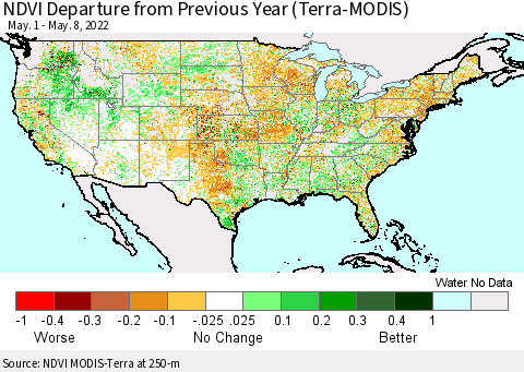 United States NDVI Departure from Previous Year (Terra-MODIS) Thematic Map For 5/1/2022 - 5/8/2022