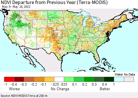 United States NDVI Departure from Previous Year (Terra-MODIS) Thematic Map For 5/9/2022 - 5/16/2022