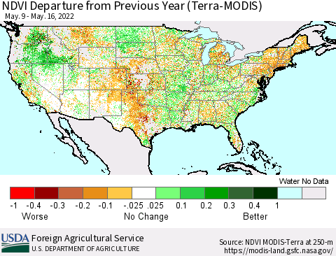 United States NDVI Departure from Previous Year (Terra-MODIS) Thematic Map For 5/11/2022 - 5/20/2022