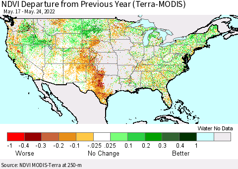 United States NDVI Departure from Previous Year (Terra-MODIS) Thematic Map For 5/17/2022 - 5/24/2022