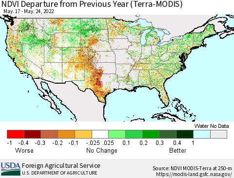United States NDVI Departure from Previous Year (Terra-MODIS) Thematic Map For 5/21/2022 - 5/31/2022