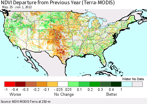 United States NDVI Departure from Previous Year (Terra-MODIS) Thematic Map For 5/25/2022 - 6/1/2022