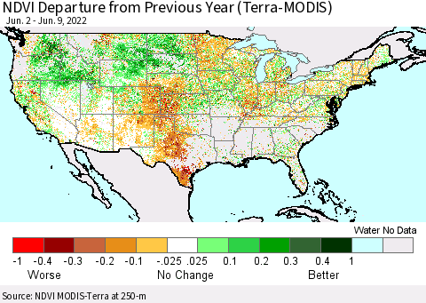 United States NDVI Departure from Previous Year (Terra-MODIS) Thematic Map For 6/2/2022 - 6/9/2022