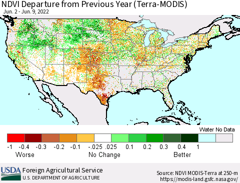 United States NDVI Departure from Previous Year (Terra-MODIS) Thematic Map For 6/1/2022 - 6/10/2022