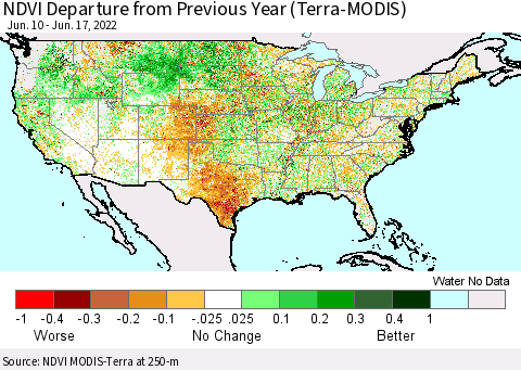 United States NDVI Departure from Previous Year (Terra-MODIS) Thematic Map For 6/10/2022 - 6/17/2022