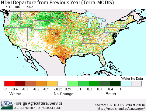 United States NDVI Departure from Previous Year (Terra-MODIS) Thematic Map For 6/11/2022 - 6/20/2022
