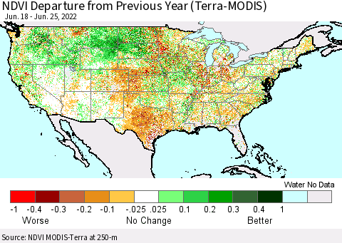 United States NDVI Departure from Previous Year (Terra-MODIS) Thematic Map For 6/18/2022 - 6/25/2022
