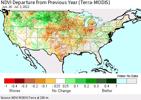 United States NDVI Departure from Previous Year (Terra-MODIS) Thematic Map For 6/26/2022 - 7/3/2022
