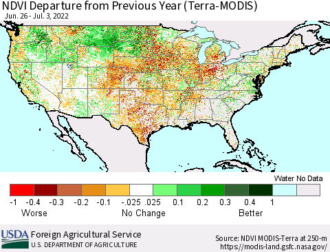 United States NDVI Departure from Previous Year (Terra-MODIS) Thematic Map For 7/1/2022 - 7/10/2022
