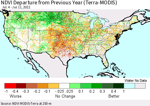 United States NDVI Departure from Previous Year (Terra-MODIS) Thematic Map For 7/4/2022 - 7/11/2022