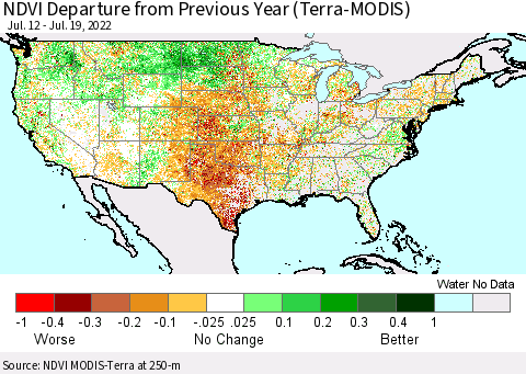 United States NDVI Departure from Previous Year (Terra-MODIS) Thematic Map For 7/12/2022 - 7/19/2022