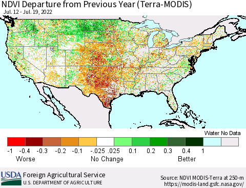 United States NDVI Departure from Previous Year (Terra-MODIS) Thematic Map For 7/11/2022 - 7/20/2022