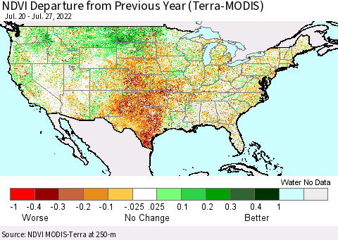 United States NDVI Departure from Previous Year (Terra-MODIS) Thematic Map For 7/20/2022 - 7/27/2022