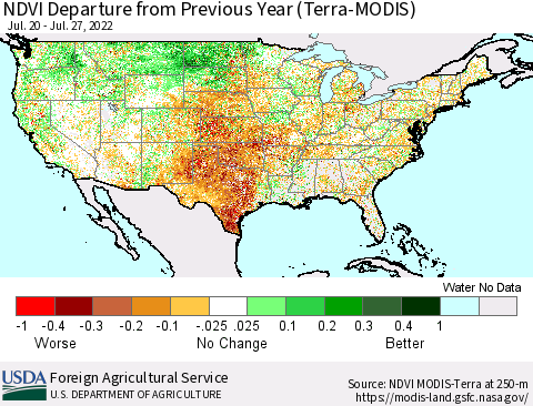 United States NDVI Departure from Previous Year (Terra-MODIS) Thematic Map For 7/21/2022 - 7/31/2022