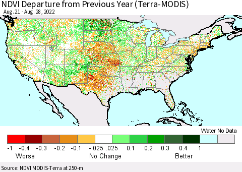 United States NDVI Departure from Previous Year (Terra-MODIS) Thematic Map For 8/21/2022 - 8/28/2022