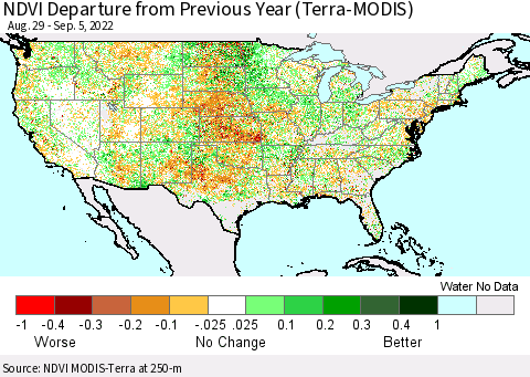 United States NDVI Departure from Previous Year (Terra-MODIS) Thematic Map For 8/29/2022 - 9/5/2022