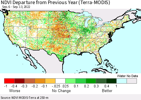 United States NDVI Departure from Previous Year (Terra-MODIS) Thematic Map For 9/6/2022 - 9/13/2022