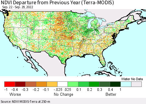 United States NDVI Departure from Previous Year (Terra-MODIS) Thematic Map For 9/22/2022 - 9/29/2022