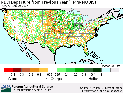 United States NDVI Departure from Previous Year (Terra-MODIS) Thematic Map For 9/21/2022 - 9/30/2022