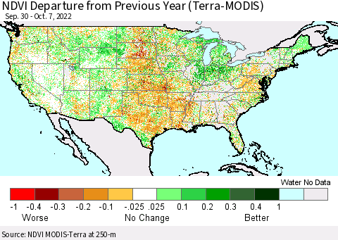 United States NDVI Departure from Previous Year (Terra-MODIS) Thematic Map For 9/30/2022 - 10/7/2022