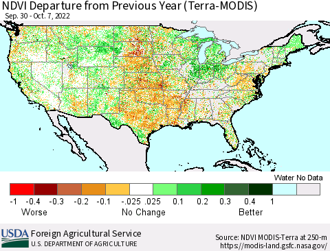United States NDVI Departure from Previous Year (Terra-MODIS) Thematic Map For 10/1/2022 - 10/10/2022