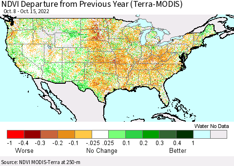 United States NDVI Departure from Previous Year (Terra-MODIS) Thematic Map For 10/8/2022 - 10/15/2022