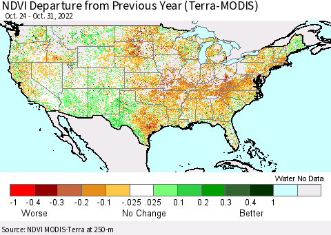 United States NDVI Departure from Previous Year (Terra-MODIS) Thematic Map For 10/24/2022 - 10/31/2022