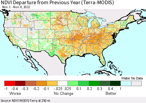 United States NDVI Departure from Previous Year (Terra-MODIS) Thematic Map For 11/1/2022 - 11/8/2022