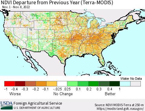 United States NDVI Departure from Previous Year (Terra-MODIS) Thematic Map For 11/1/2022 - 11/10/2022