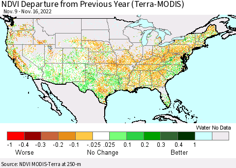 United States NDVI Departure from Previous Year (Terra-MODIS) Thematic Map For 11/9/2022 - 11/16/2022