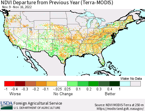 United States NDVI Departure from Previous Year (Terra-MODIS) Thematic Map For 11/11/2022 - 11/20/2022