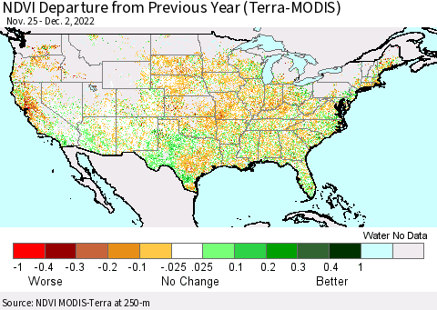 United States NDVI Departure from Previous Year (Terra-MODIS) Thematic Map For 11/25/2022 - 12/2/2022