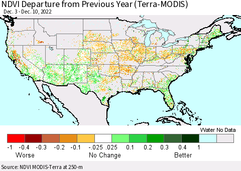 United States NDVI Departure from Previous Year (Terra-MODIS) Thematic Map For 12/1/2022 - 12/10/2022