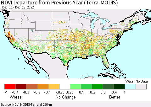 United States NDVI Departure from Previous Year (Terra-MODIS) Thematic Map For 12/11/2022 - 12/18/2022