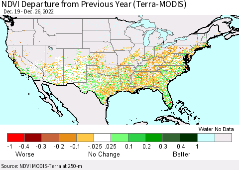 United States NDVI Departure from Previous Year (Terra-MODIS) Thematic Map For 12/19/2022 - 12/26/2022