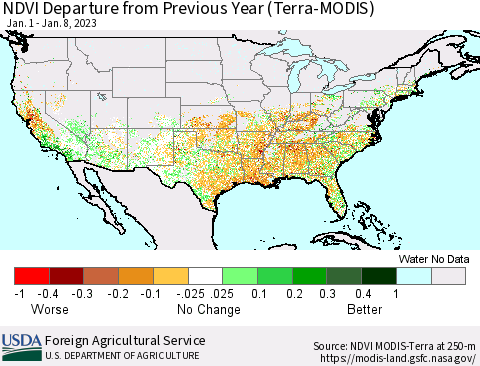 United States NDVI Departure from Previous Year (Terra-MODIS) Thematic Map For 1/1/2023 - 1/10/2023