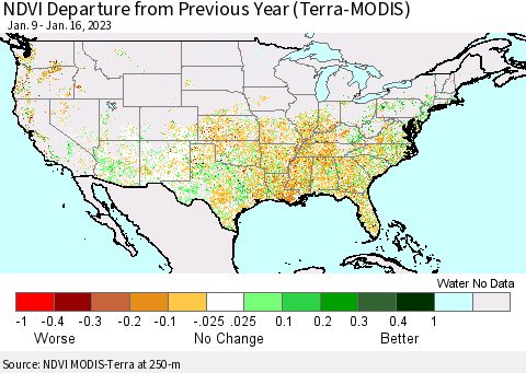 United States NDVI Departure from Previous Year (Terra-MODIS) Thematic Map For 1/9/2023 - 1/16/2023