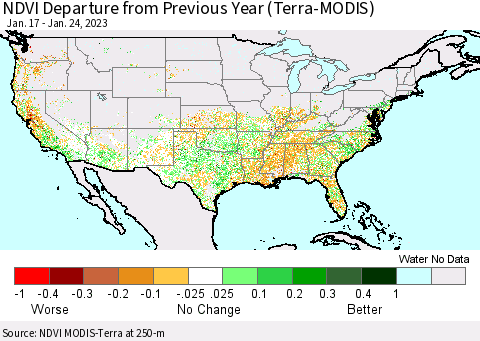 United States NDVI Departure from Previous Year (Terra-MODIS) Thematic Map For 1/17/2023 - 1/24/2023