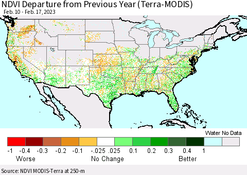 United States NDVI Departure from Previous Year (Terra-MODIS) Thematic Map For 2/10/2023 - 2/17/2023