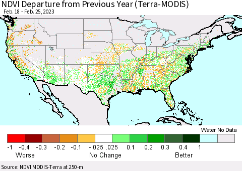 United States NDVI Departure from Previous Year (Terra-MODIS) Thematic Map For 2/18/2023 - 2/25/2023